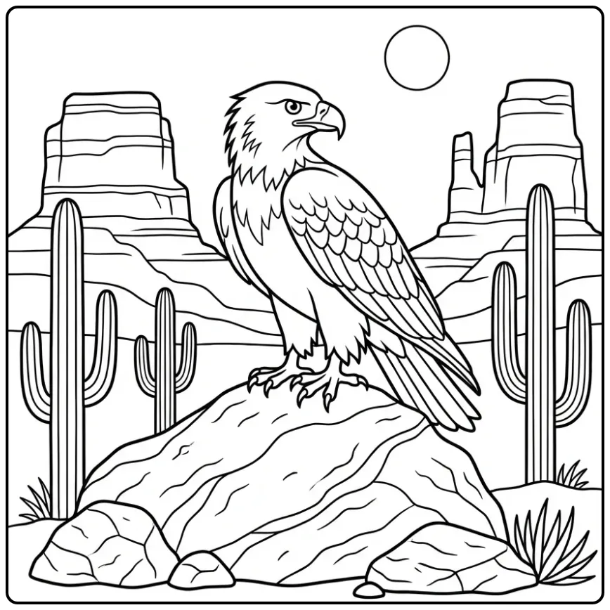 Kleurplaat adelaar zittend op een rots in de woestijn.