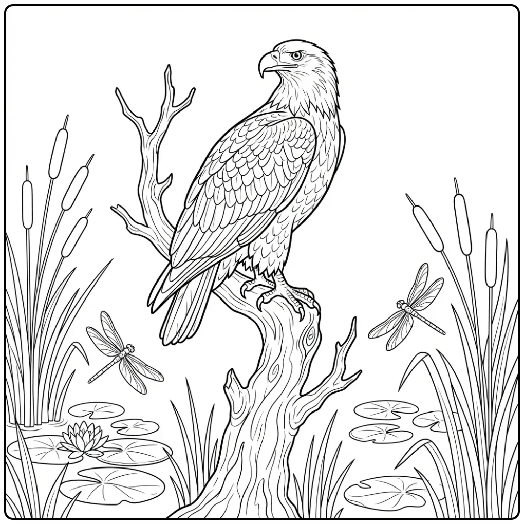 Kleurplaat adelaar op een dode boomtak boven het moeras.