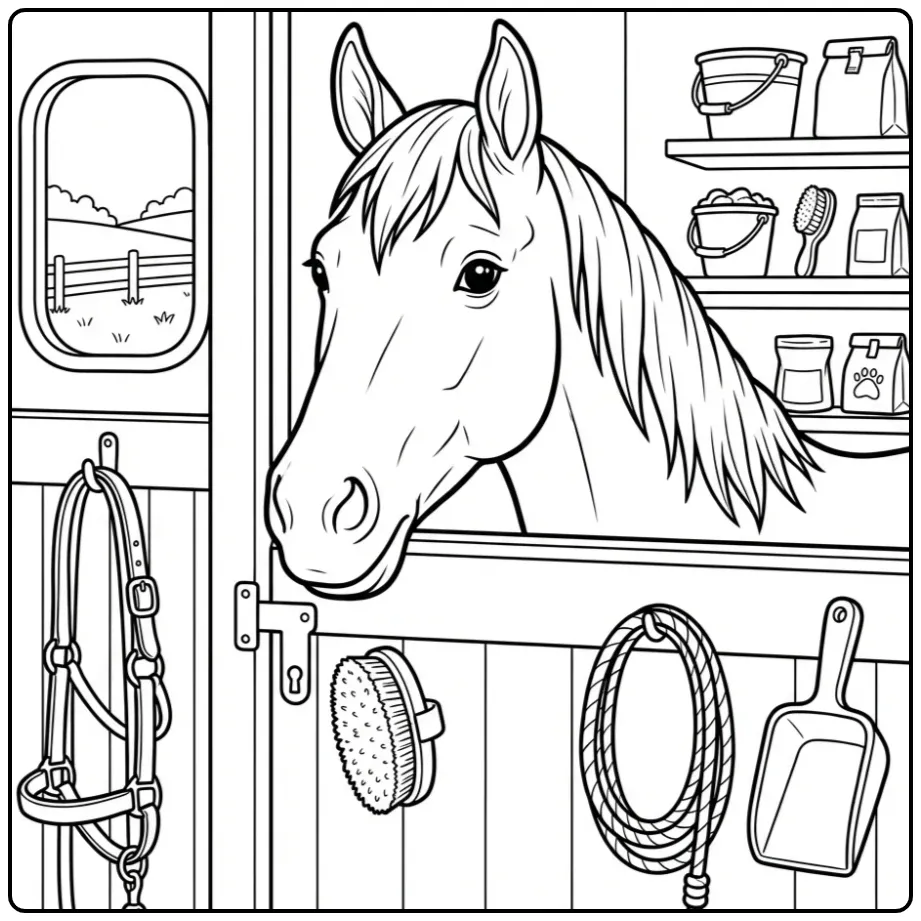 Schattige kleurplaat paard in stal met halster en borstel.