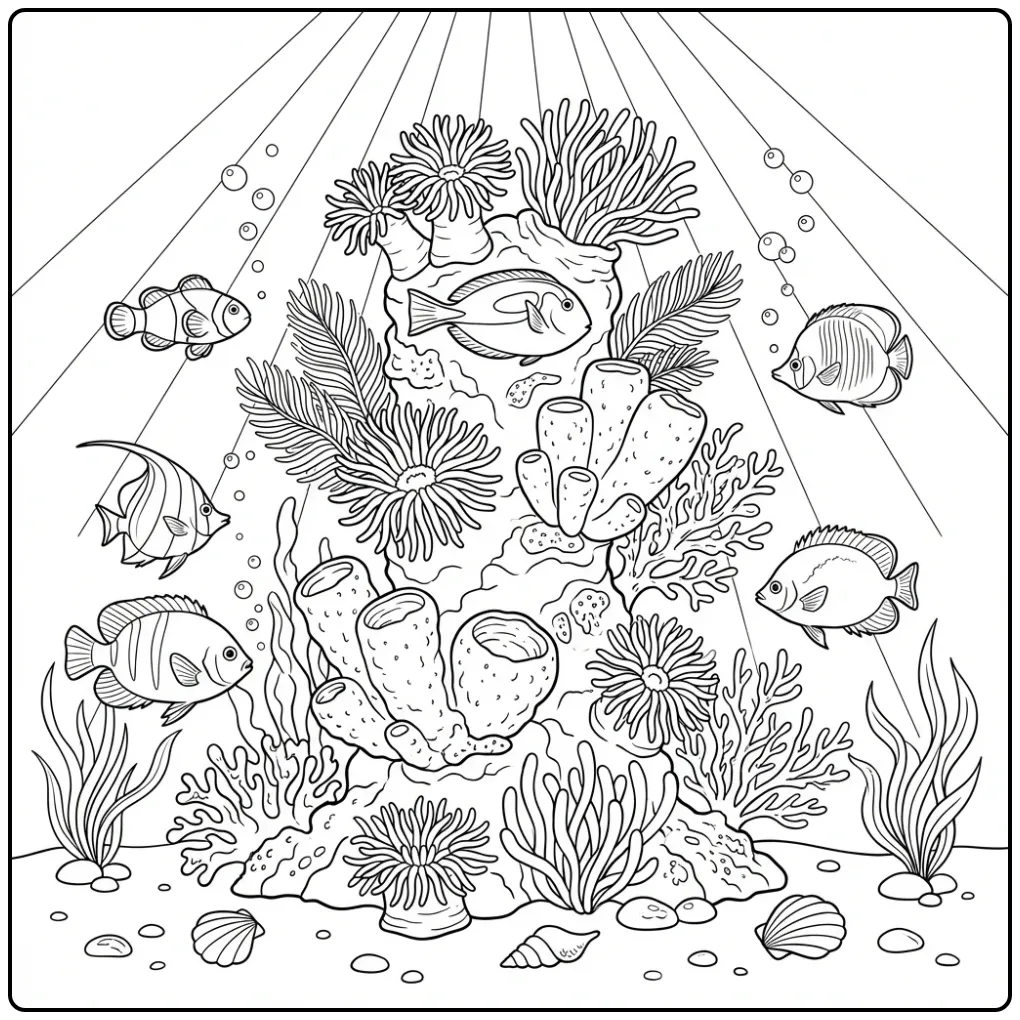 Kleurplaat vis met koraalrif en diverse tropische vissen.