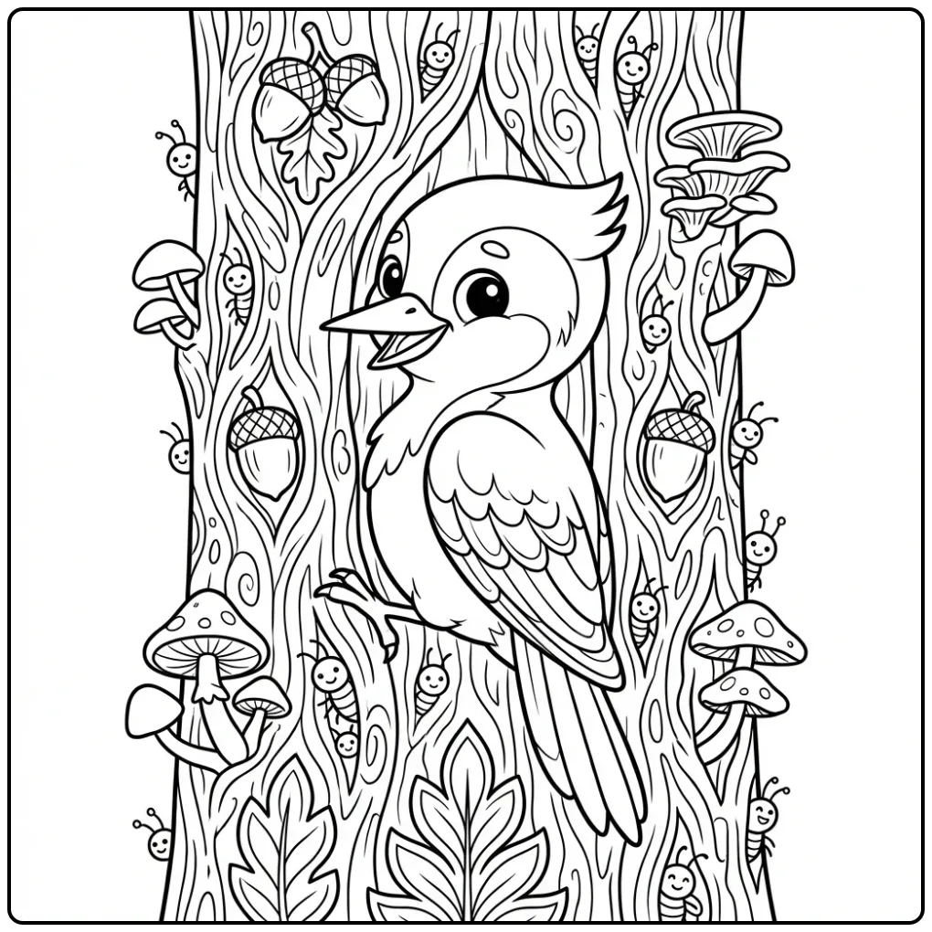 Kleurplaat vogel moeilijk: specht met eikels en bladeren.