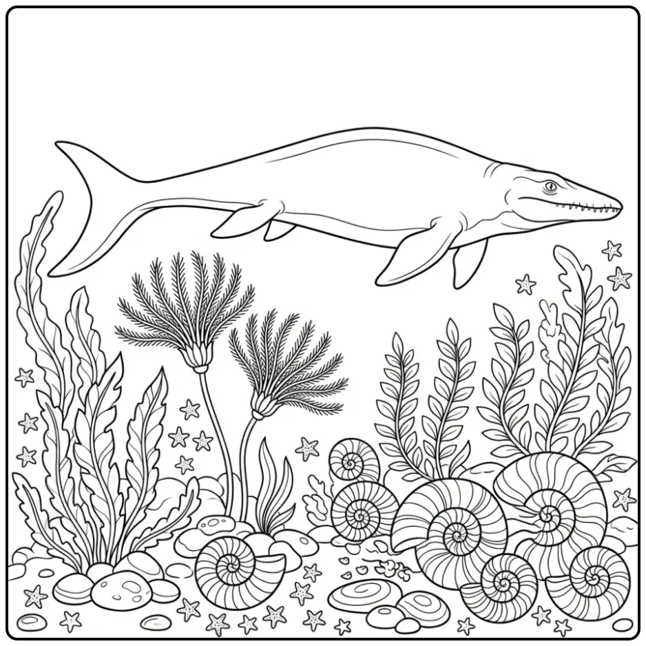 Een mosasaurus kleurplaat zwemmend boven zeelelies.