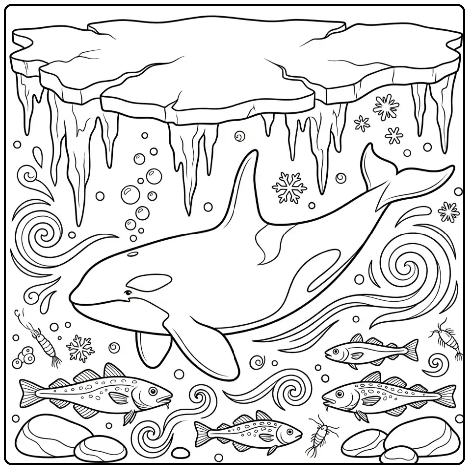 Realistische orca onder het ijs op deze orca kleurplaat.