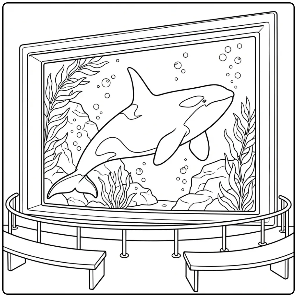 Realistische orka kleurplaat in een aquarium met zeewier.