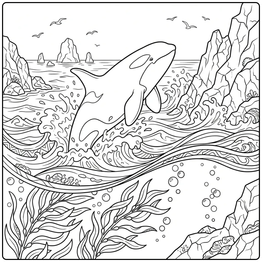 Realistische orka kleurplaat springend bij rotsachtige kust.