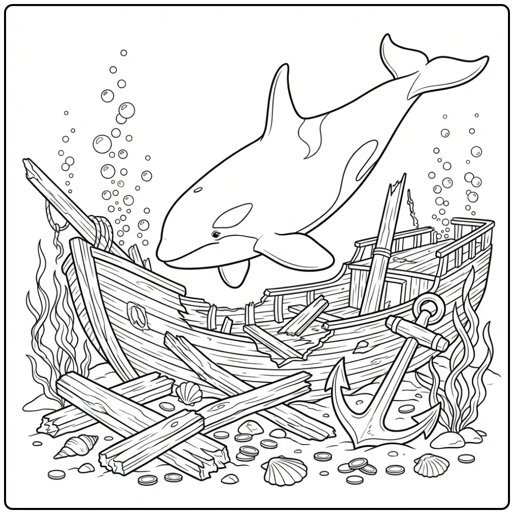 Realistische orka kleurplaat zwemmend bij een oud wrak.