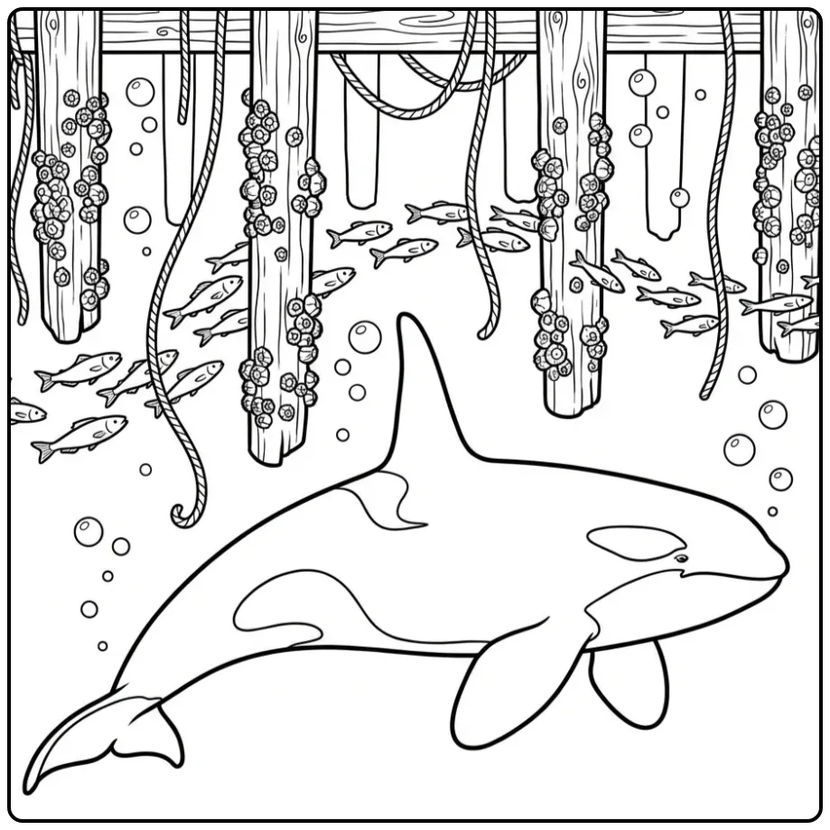 Realistische orka kleurplaat zwemmend onder een houten pier.