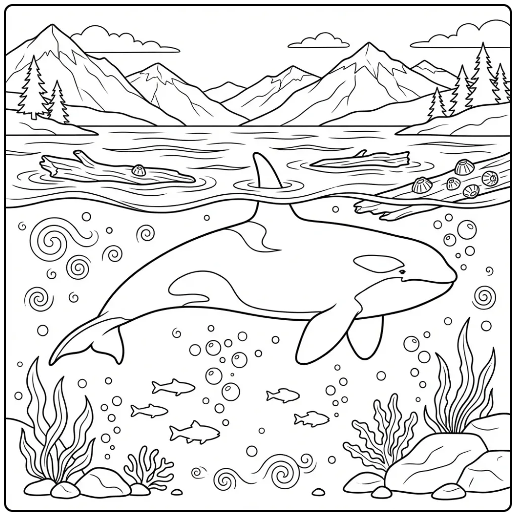 Orka kleurplaat met realistische orka in een kalme fjord.