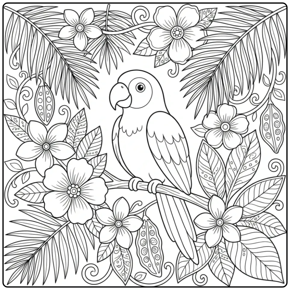 Zwart-wit papegaai kleurplaat volwassenen met flora