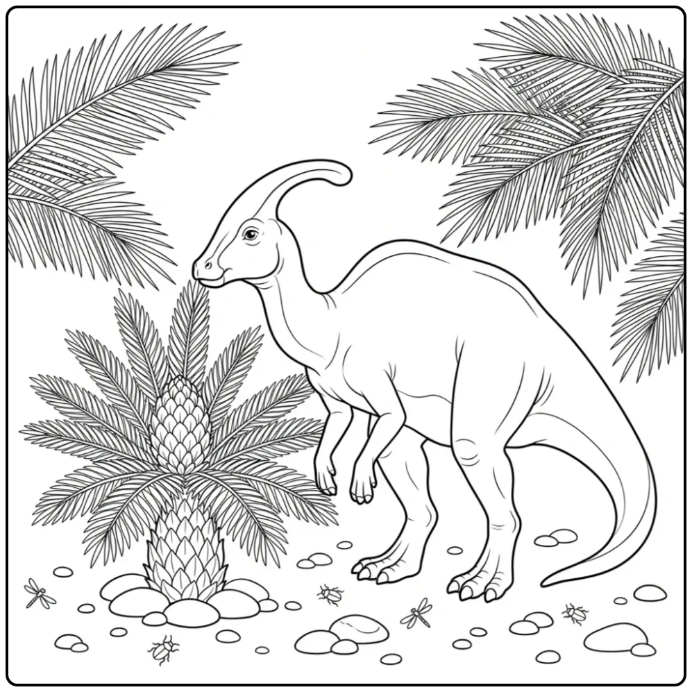 Parasaurolophus kleurplaat snuffelend aan bloemen.