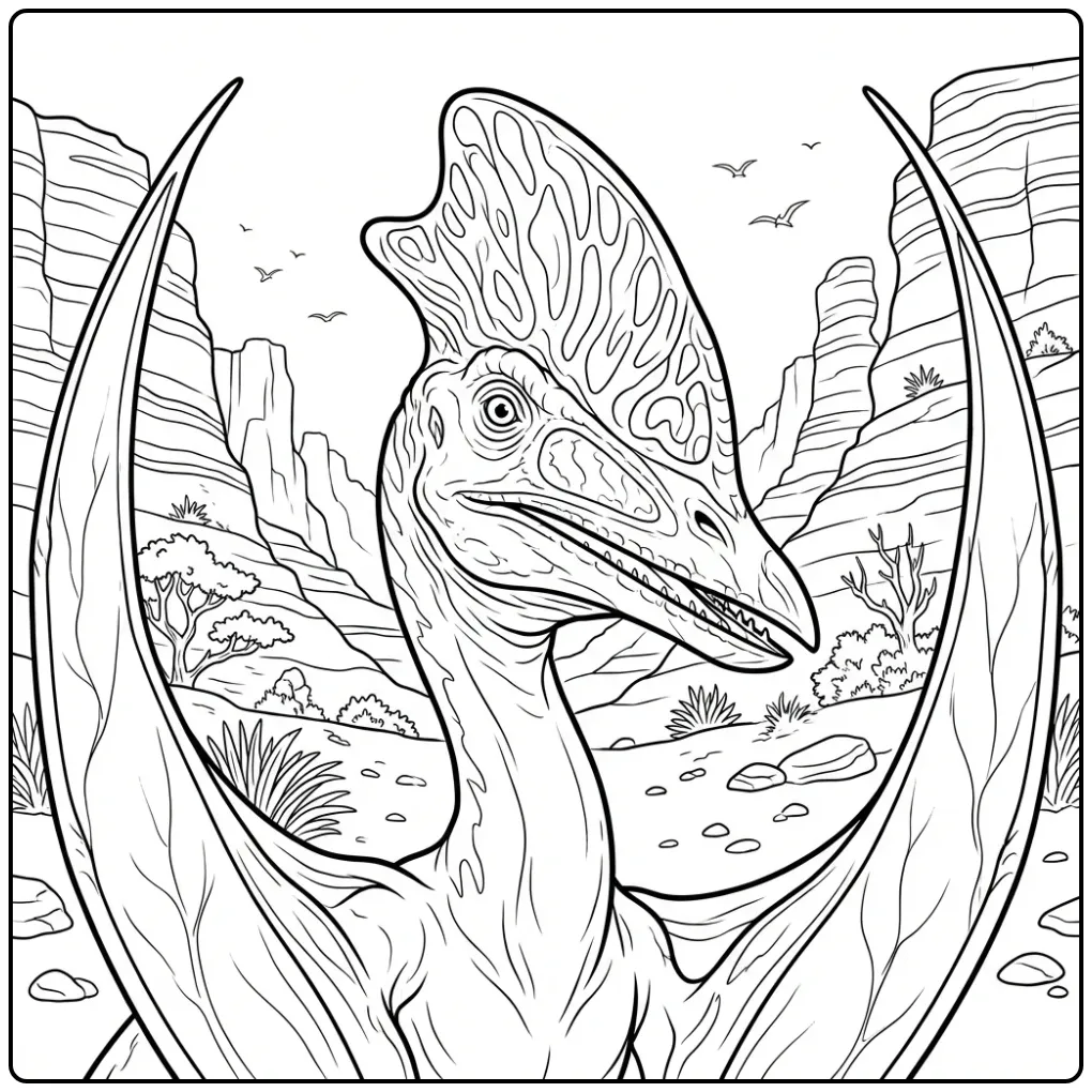 Realistische pterodactylus kleurplaat in een diepe canyon.