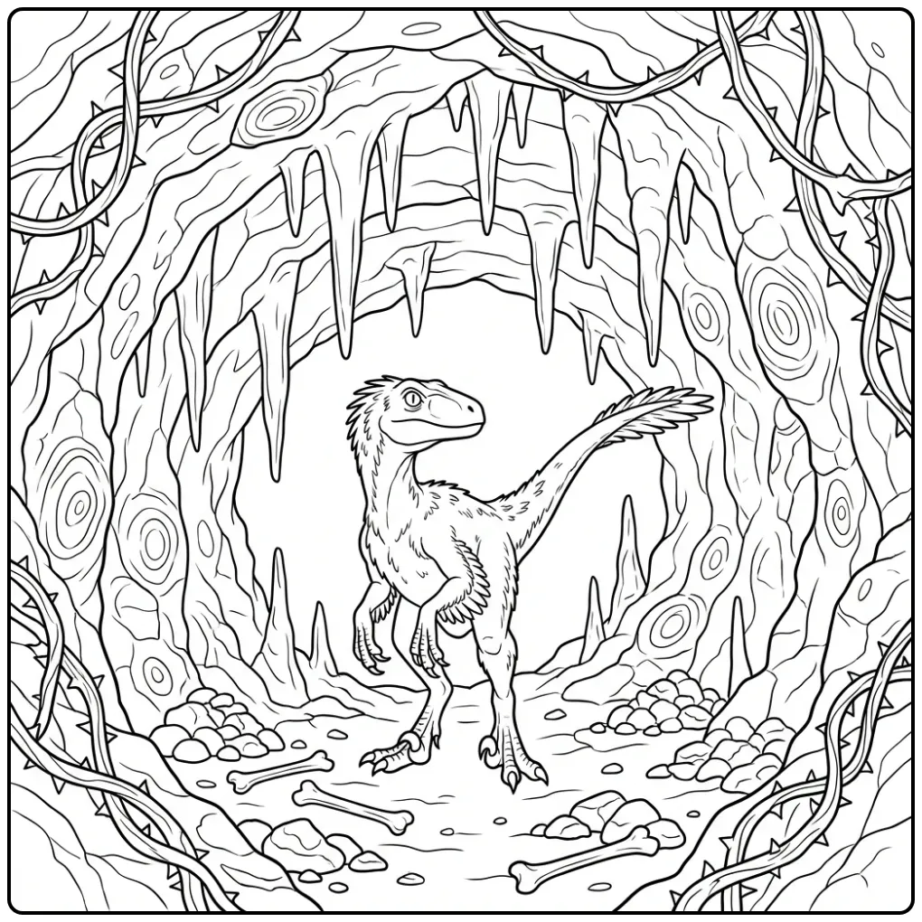 Raptor kleurplaat in een kalkstenen grot met stalactieten.