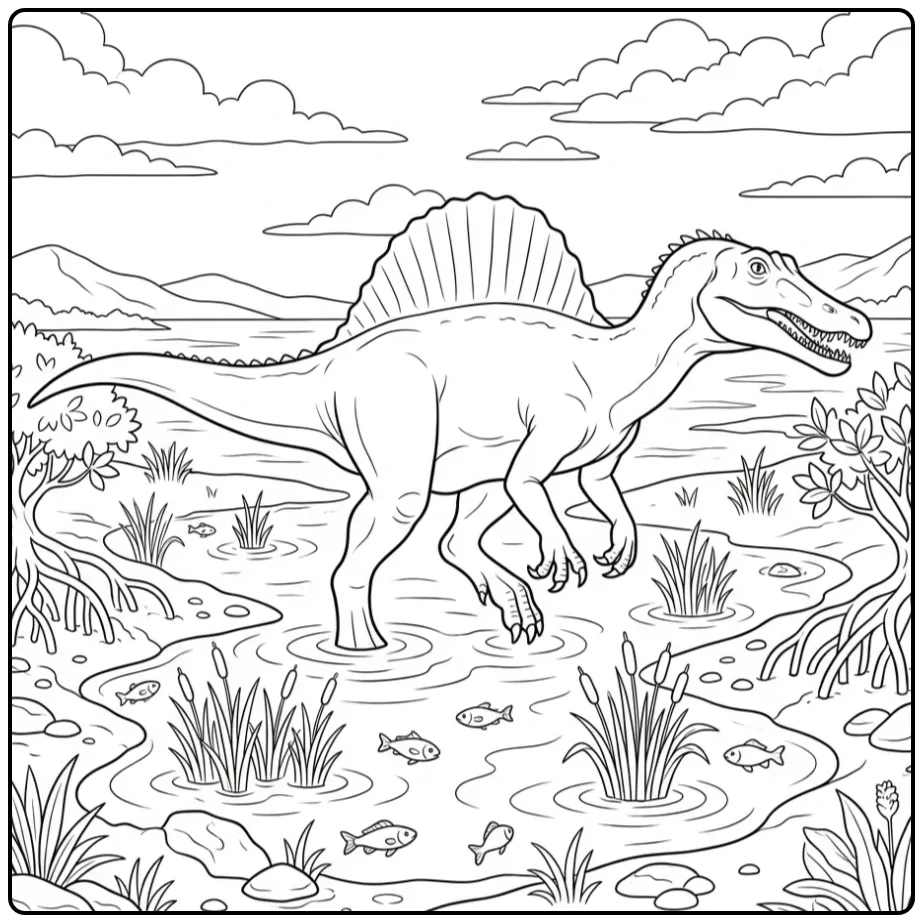 Realistische spinosaurus kleurplaat aan de waterkant met riet.