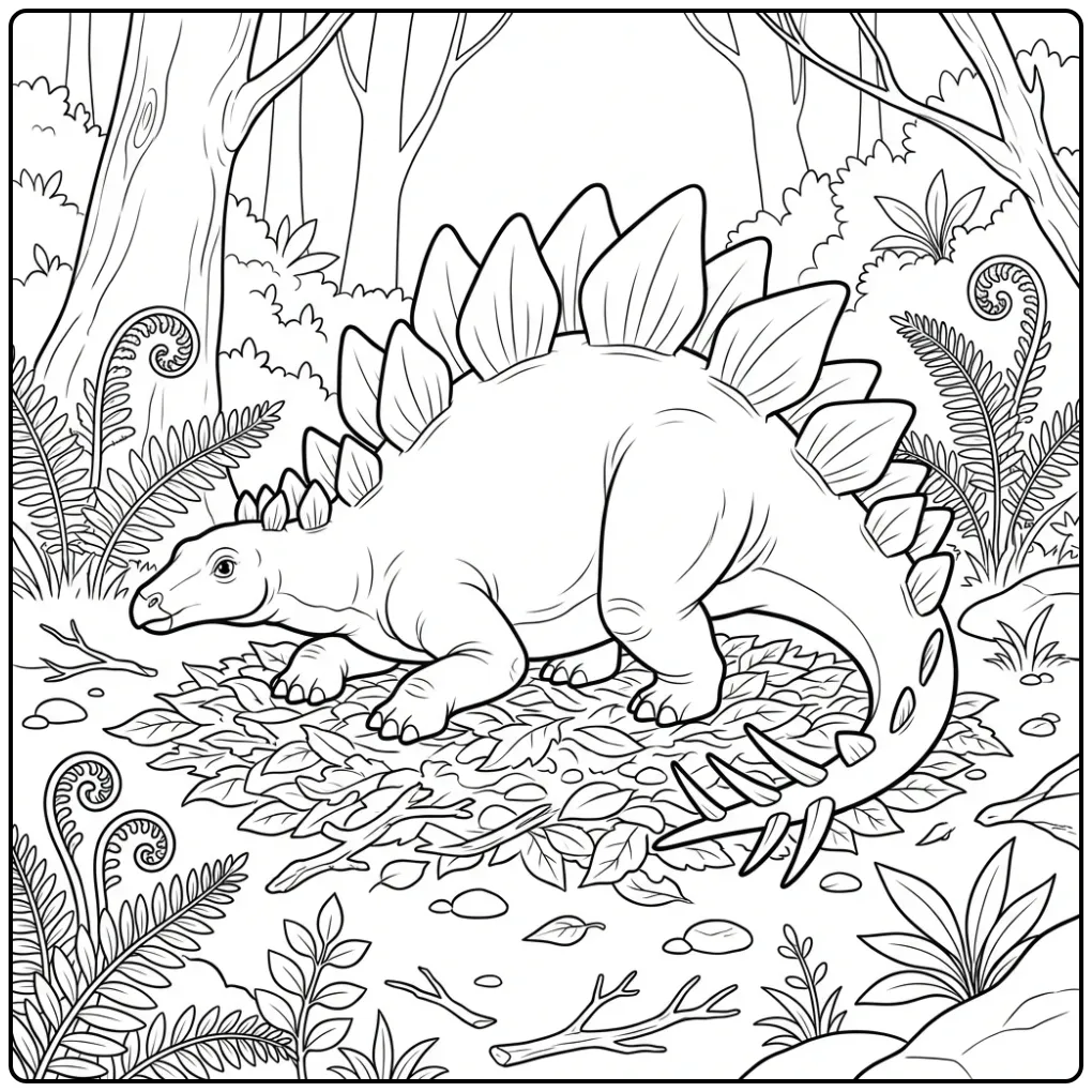 Rustende stegosaurus kleurplaat tussen bladeren en varens.