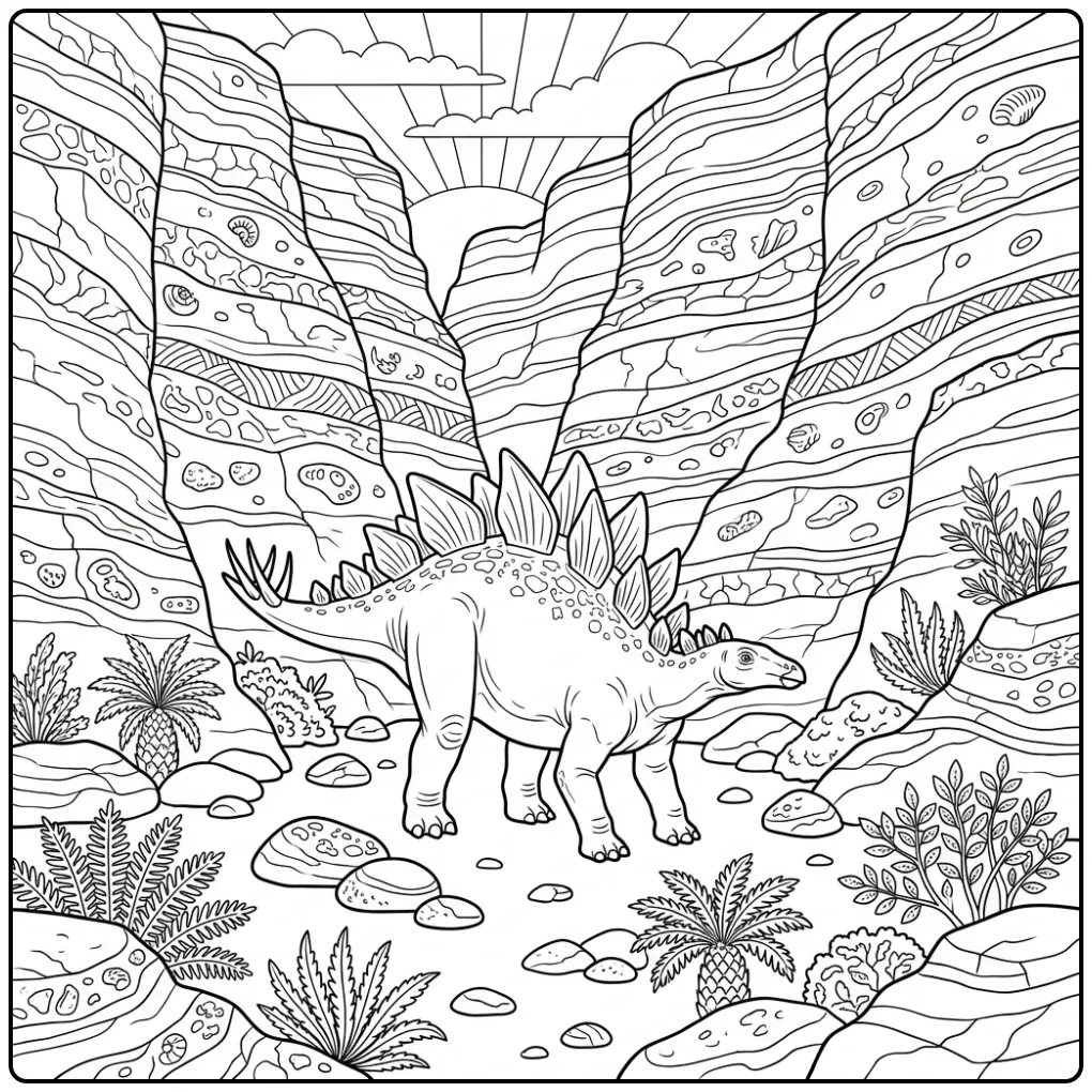 Stegosaurus kleurplaat met rotsen en planten in canyon