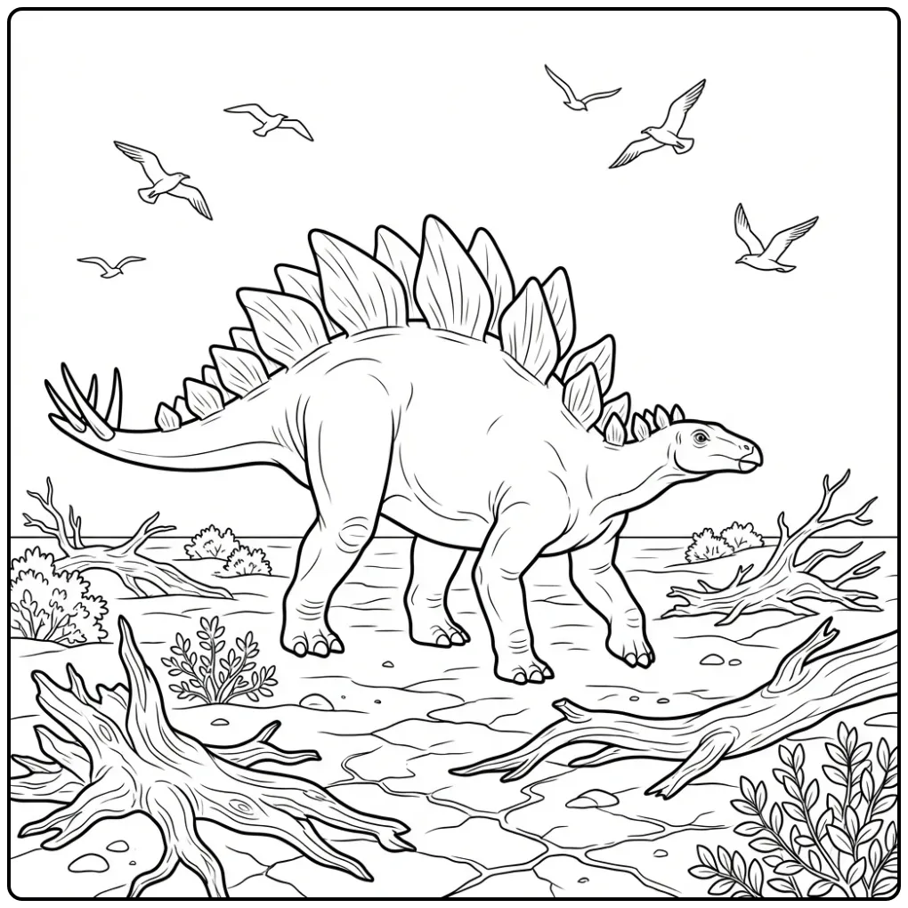 Realistische stegosaurus kleurplaat op een zanderige vlakte.