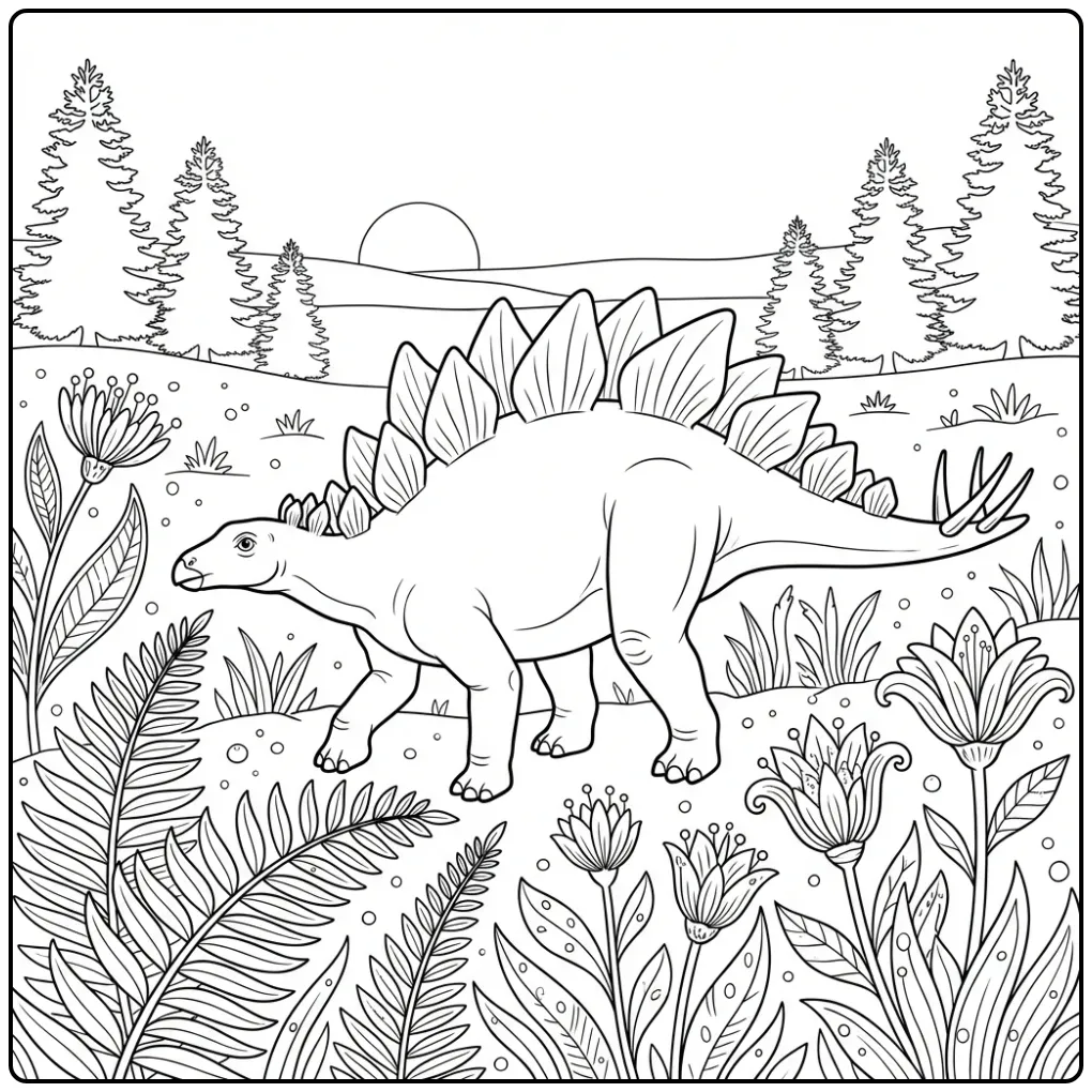 Realistische stegosaurus kleurplaat in een varenweide.