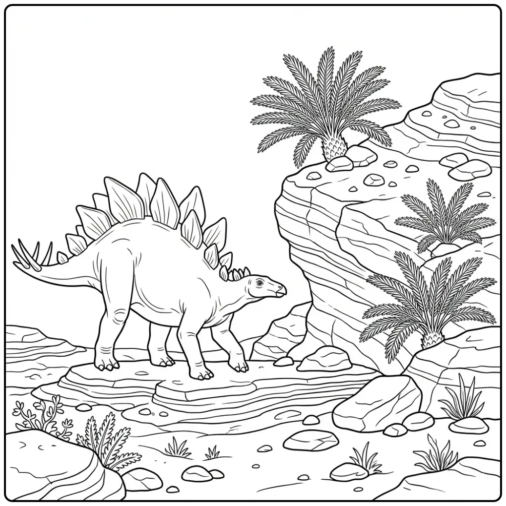 Realistische stegosaurus kleurplaat met rotsen en planten.