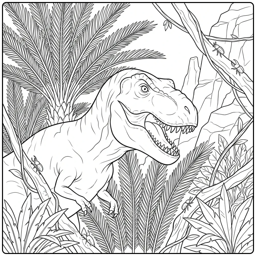 Realistische t rex kleurplaat met kop tussen de varens