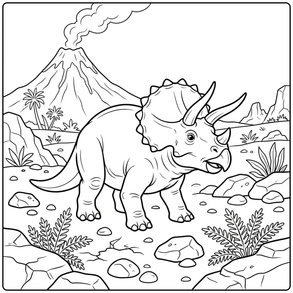 Realistische triceratops kleurplaat in vulkanisch landschap.