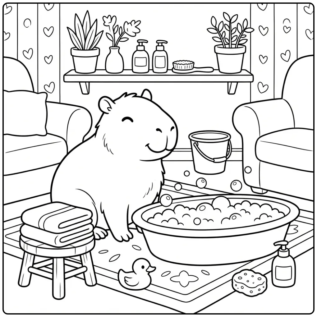 Schattige capybara kleurplaat met handdoeken en een tobbe