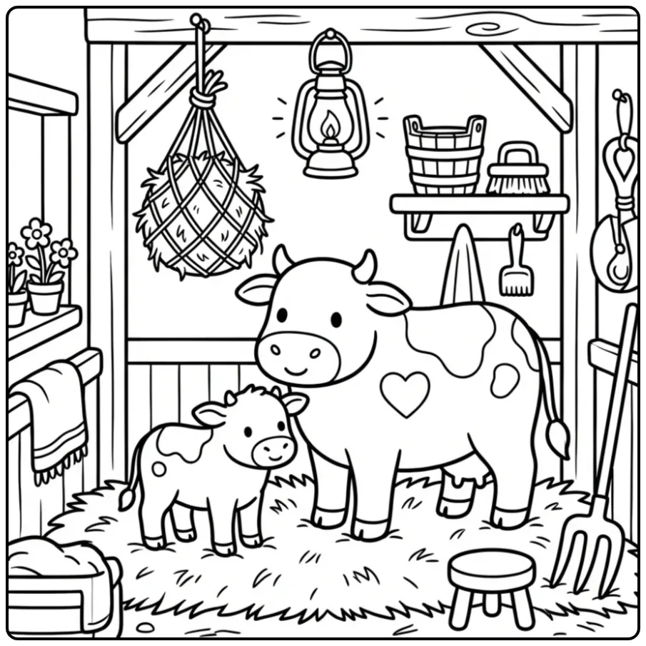 Schattige kleurplaat koe met kalfje in een boerderijstal.