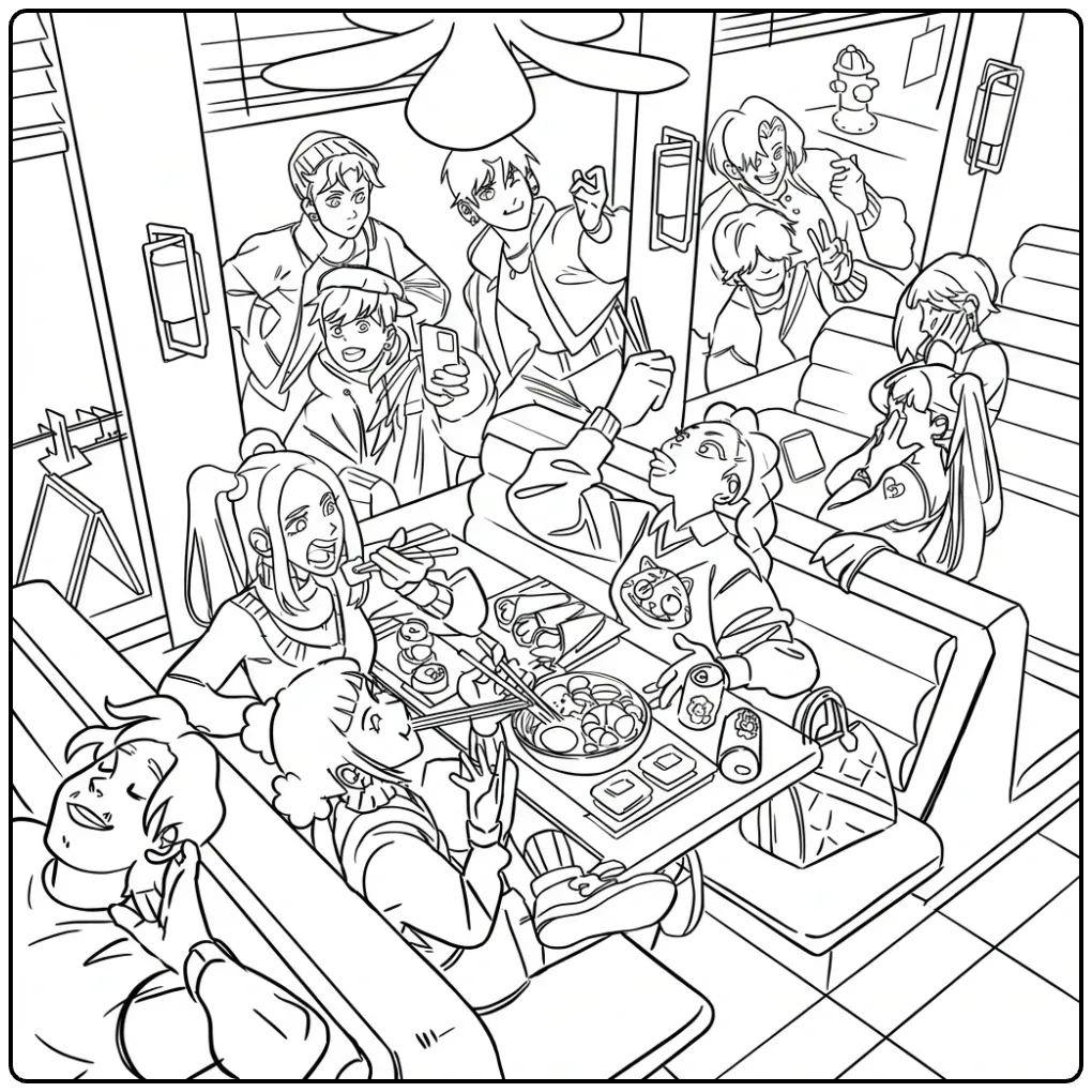 Kleurplaat kpop demon hunters groep eet samen in een restaurant.