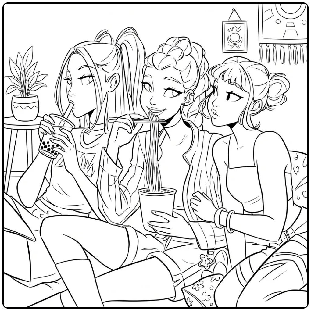 Kleurplaat kpop demon hunters: drie meiden eten en drinken samen.