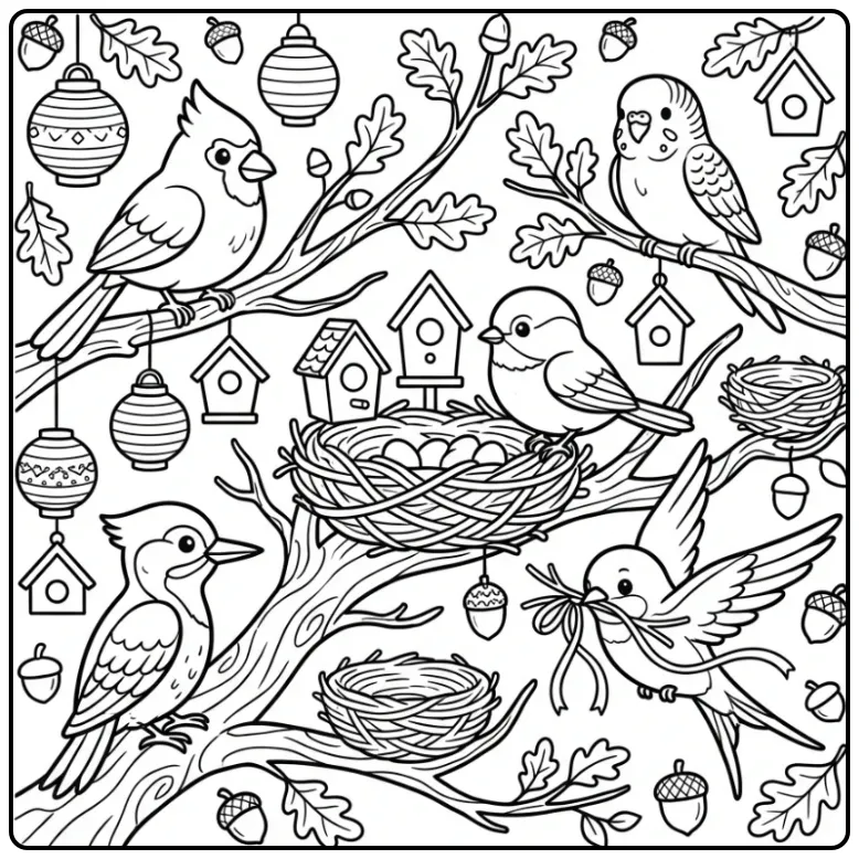 Vrolijke kleurplaat vogel met nestjes en lantaarns.