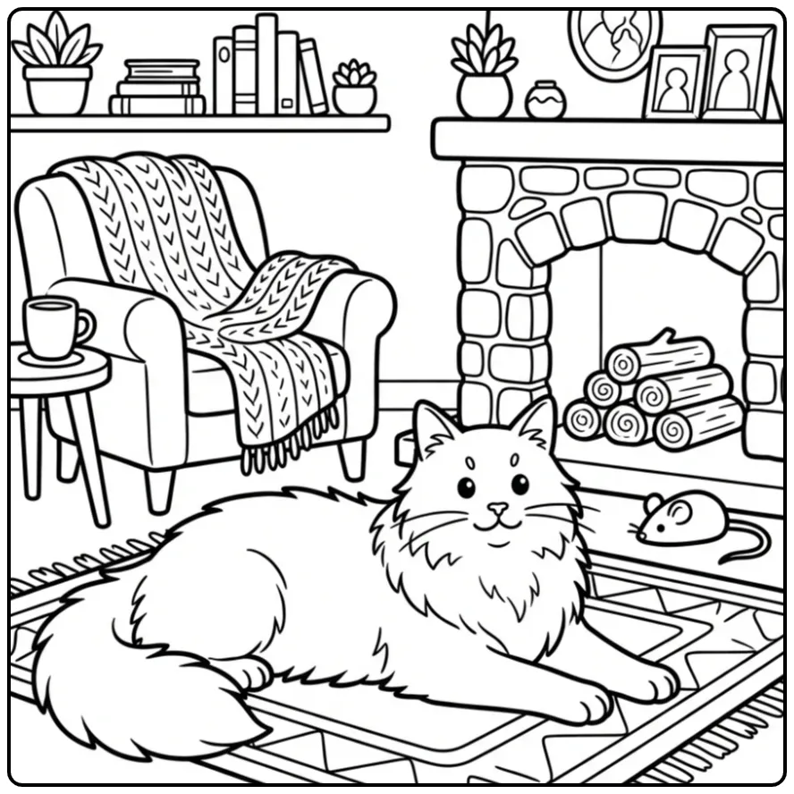 Maine Coon poes kleurplaat liggend op een kleed bij de haard.