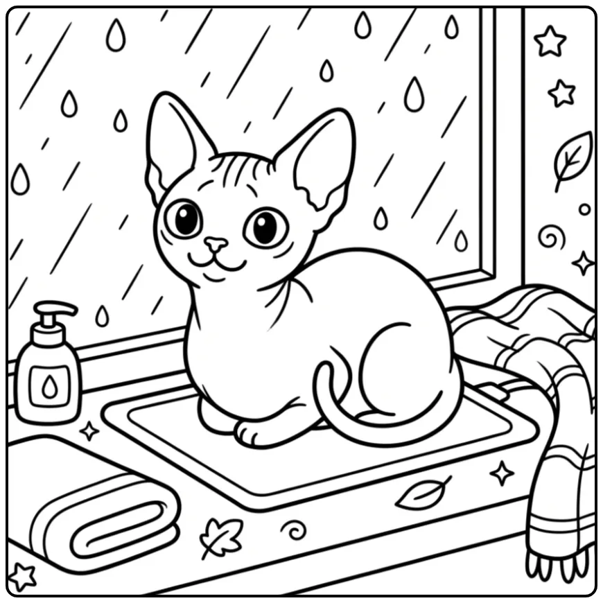 Schattige Sphynx poes kleurplaat op een warm kussentje.