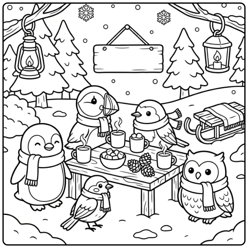 Winterse kleurplaat vogel met warme cacao en vrienden.