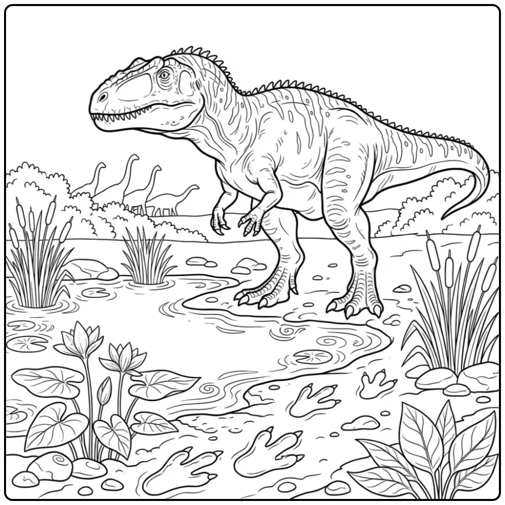 Giganotosaurus kleurplaat met voetafdrukken en planten.