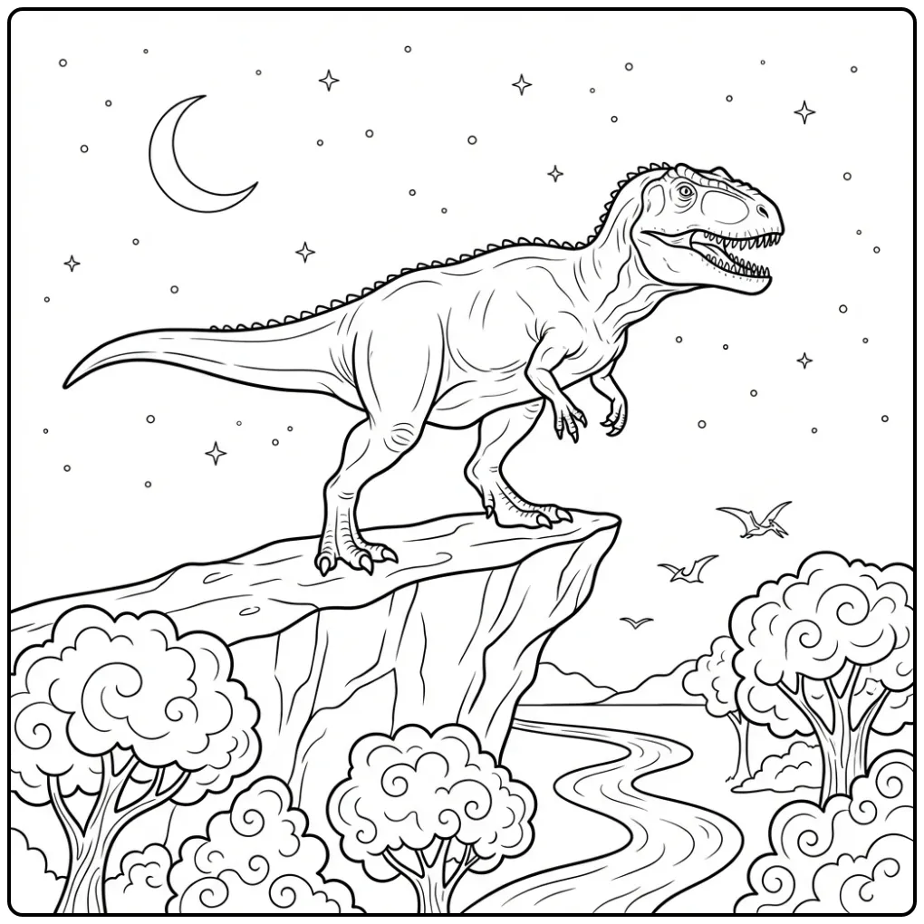 Giganotosaurus kleurplaat op een klif onder de sterren.