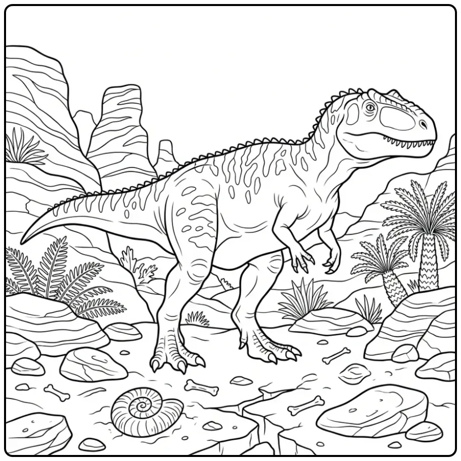 Gedetailleerde giganotosaurus kleurplaat in een rotskloof.