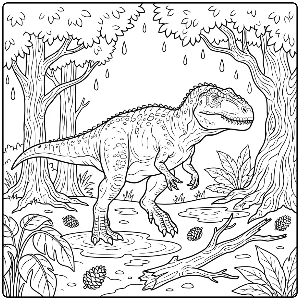 Giganotosaurus kleurplaat wandelend door een nat oerbos.