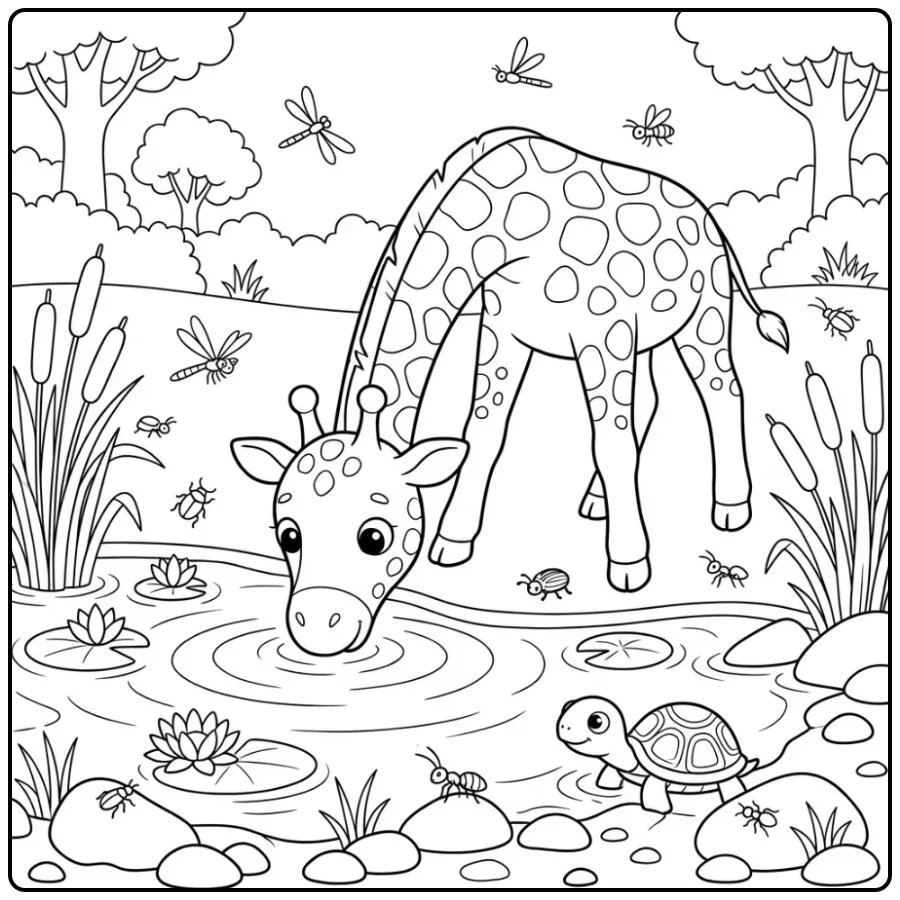 Gedetailleerde giraf kleurplaat moeilijk bij een waterpoel.
