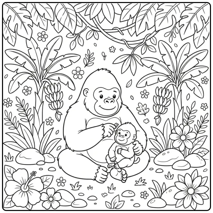 Schattige gorilla kleurplaat met moeder en baby in de jungle.
