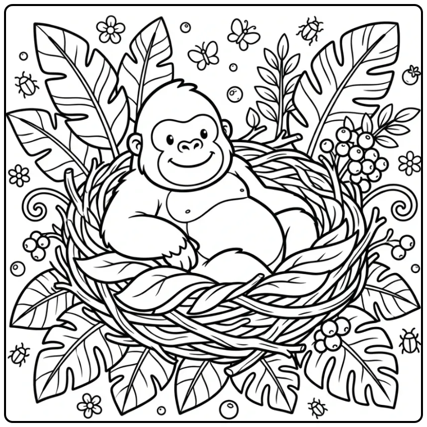 Leuke gorilla kleurplaat rustend in een nest met bladeren.