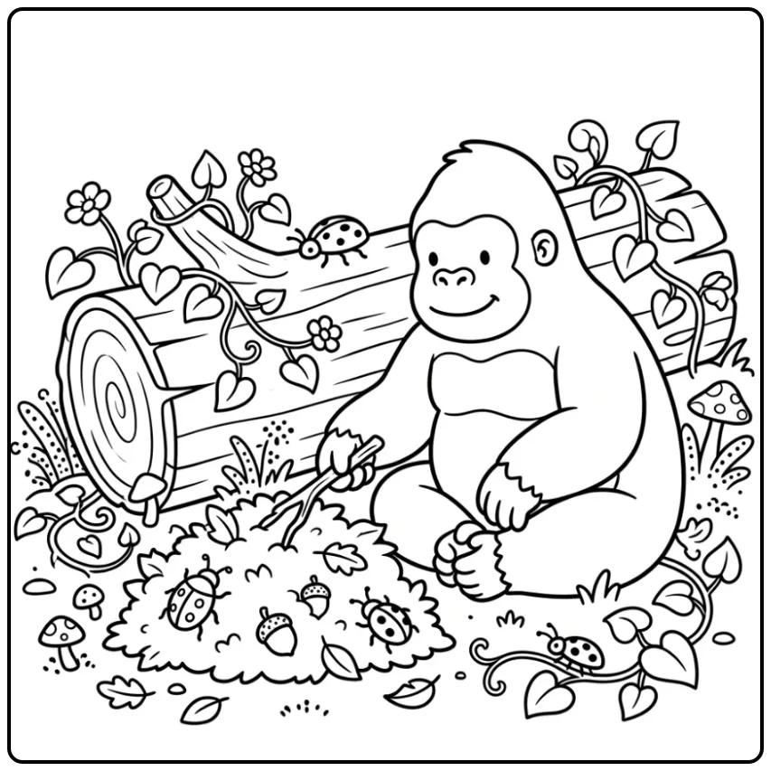 Schattige gorilla kleurplaat zittend bij een boomstam.