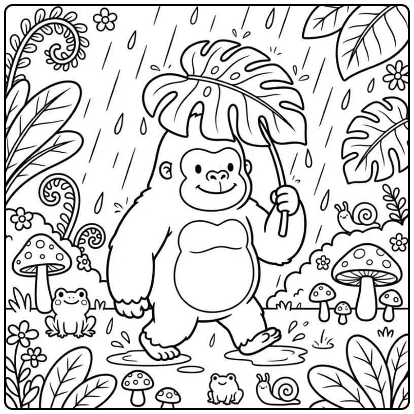 Schattige gorilla kleurplaat met een blad als paraplu in de regen.