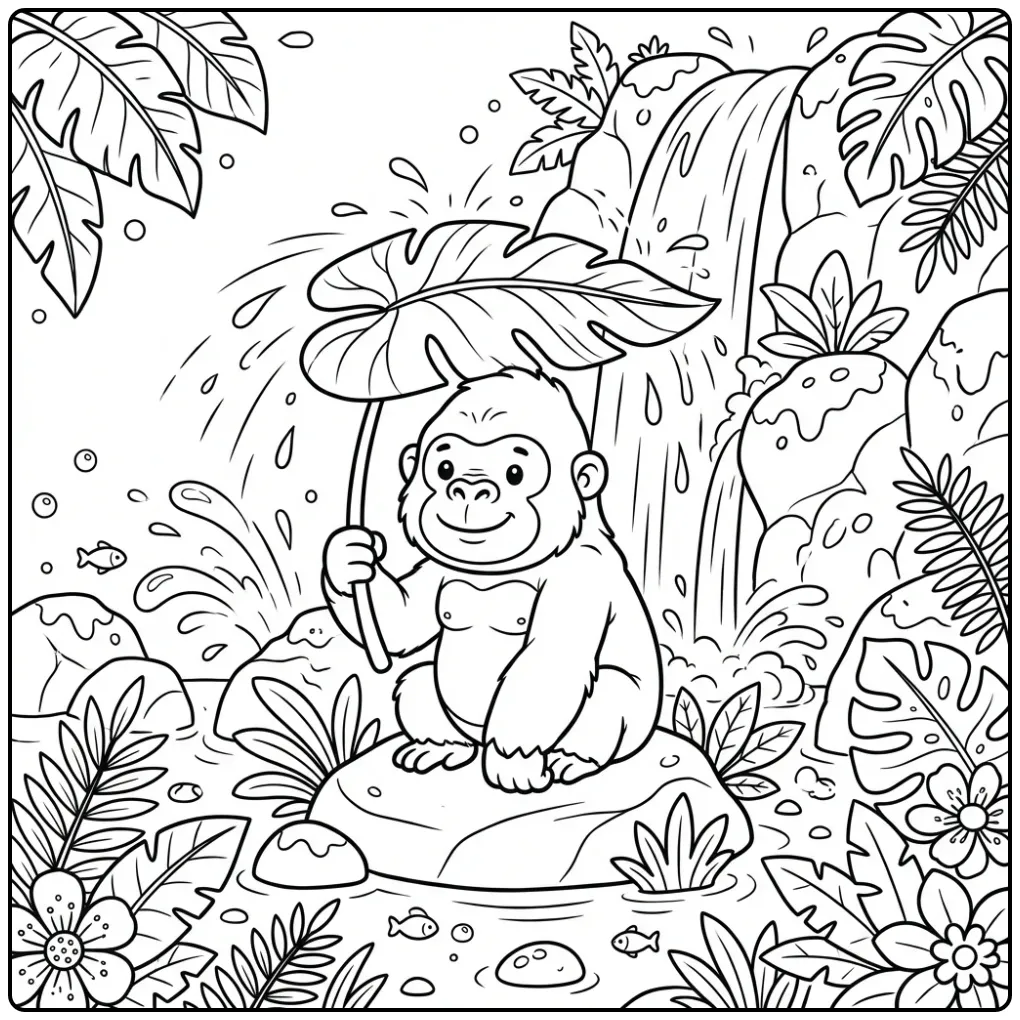 Schattige gorilla kleurplaat met blad onder een waterval.