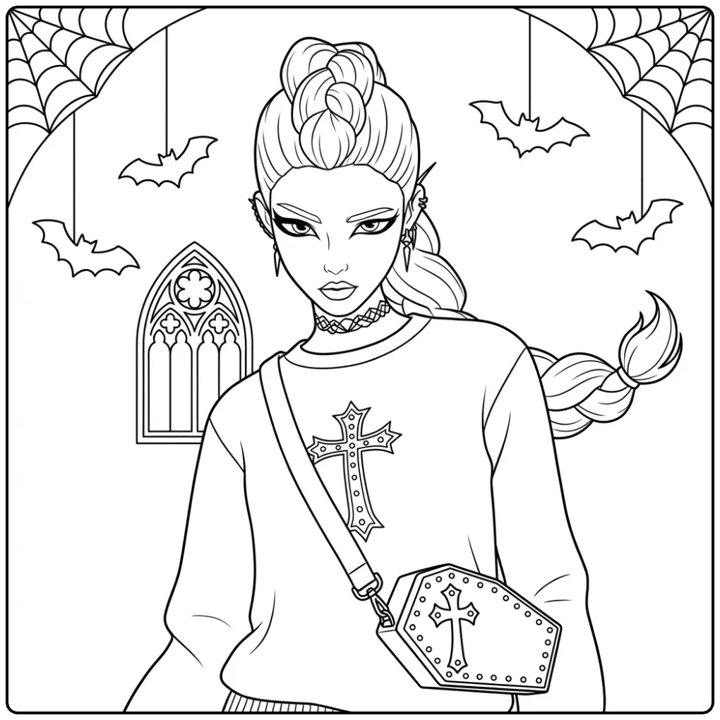 Kleurplaat kpop demon hunters rumi met vleermuizen en kruis.