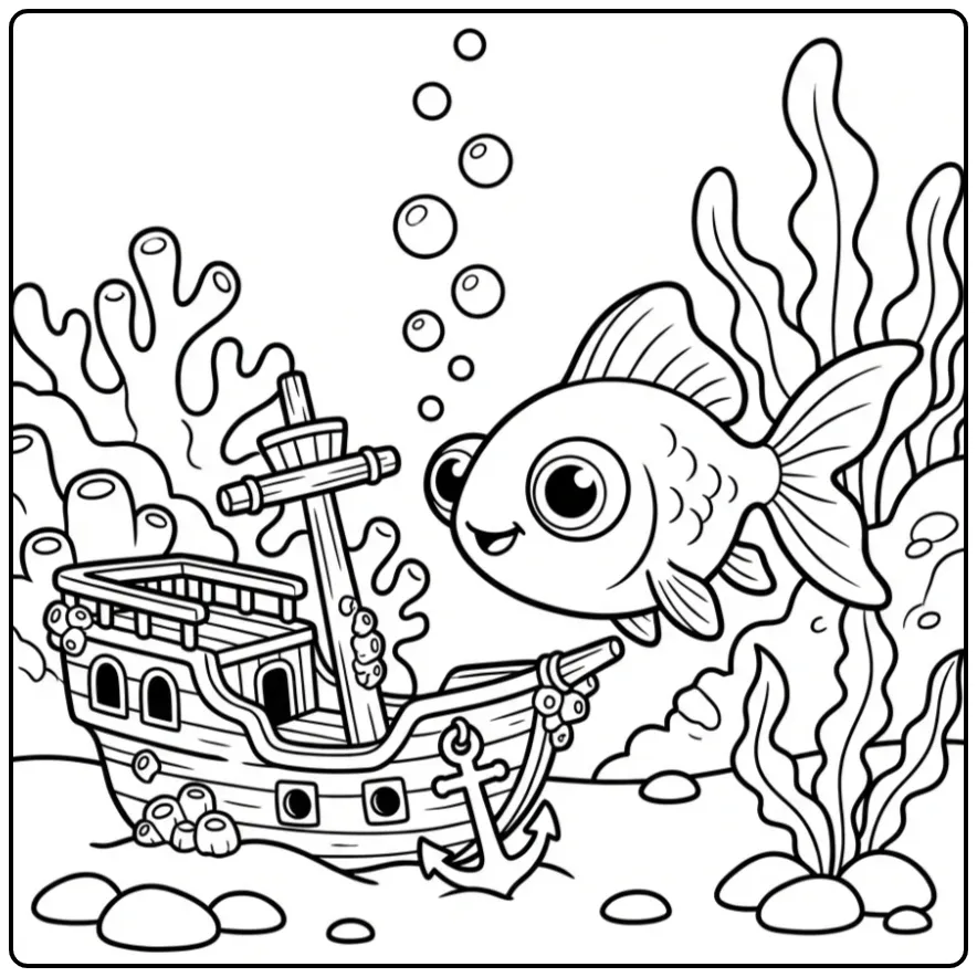 Een goudvis kleurplaat met grote ogen bij een scheepswrak.