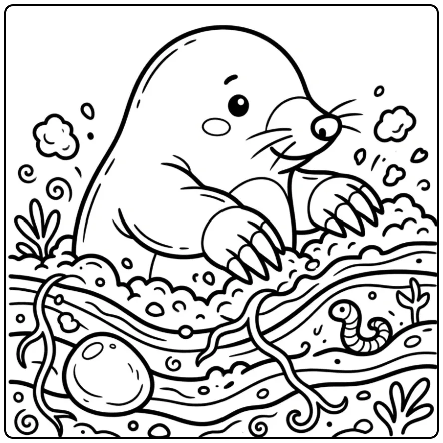 Leuke kleurplaat mol die diep in de aarde graaft.