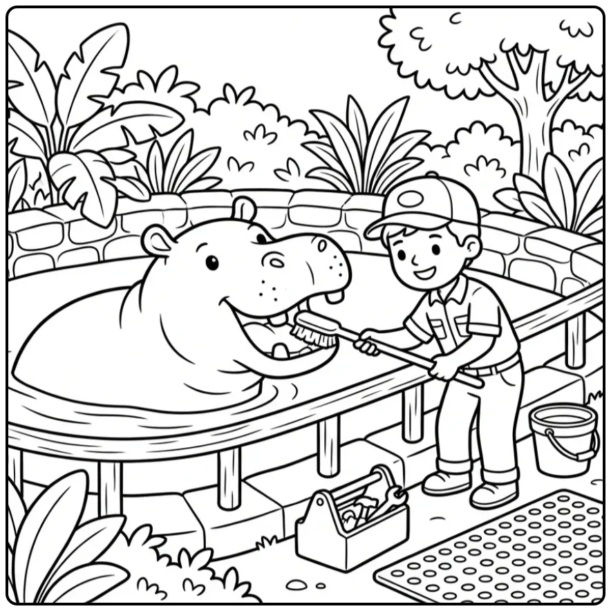 Kleurplaat nijlpaard laat tanden poetsen door verzorger.