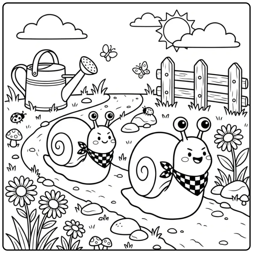 Kleurplaat slak wedstrijd op een mooi tuinpad met bloemen.