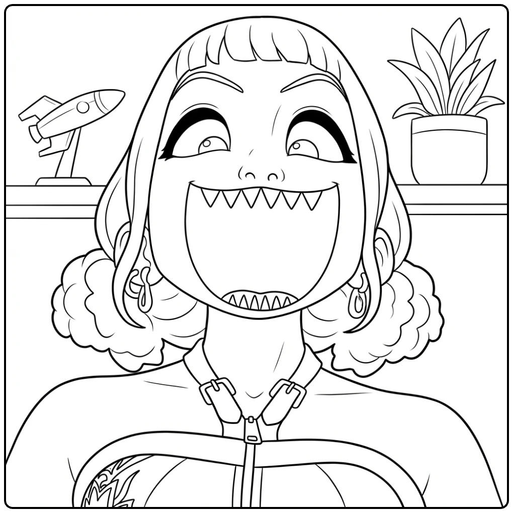 Kpop demon hunters kleurplaat zoey met wijde open mond.