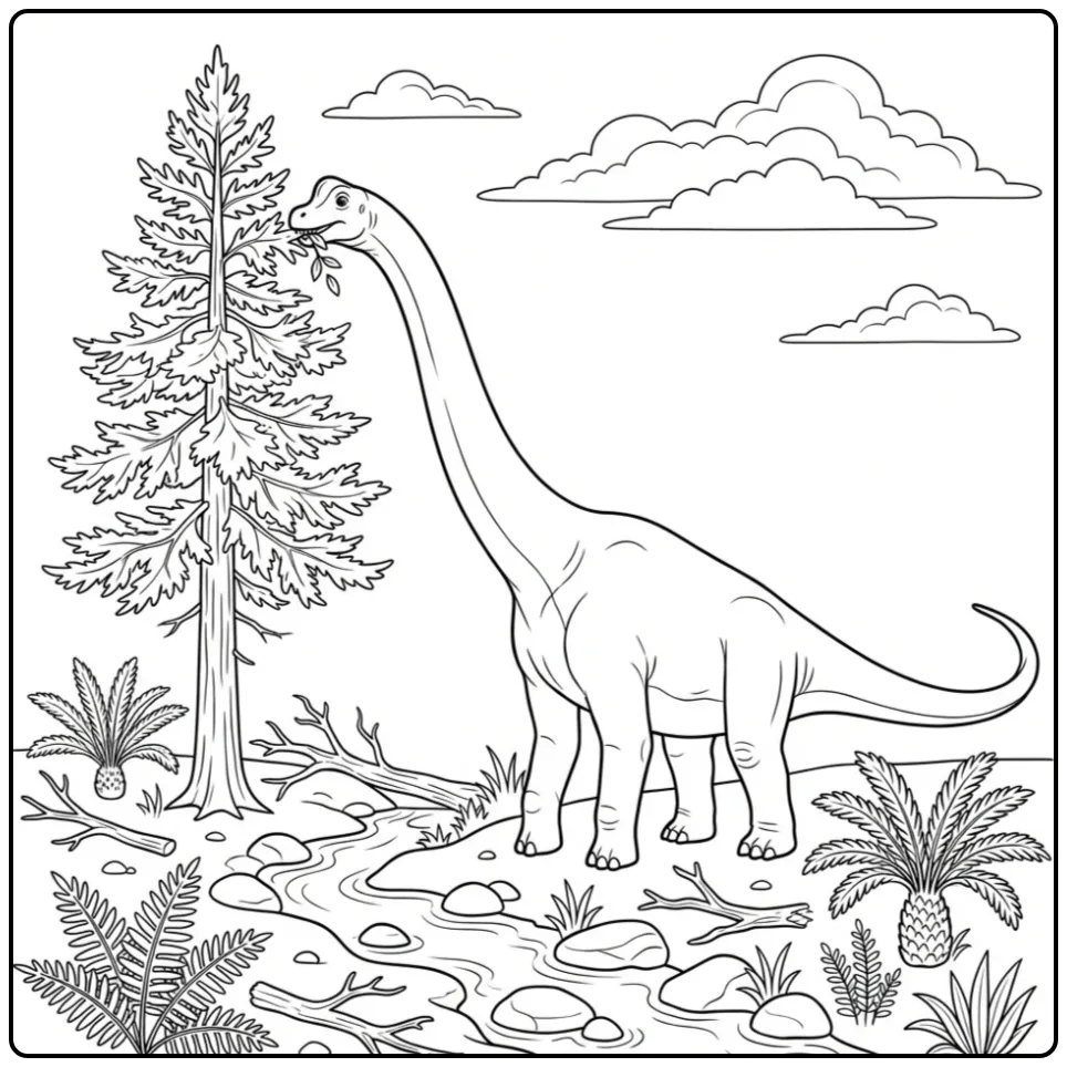Vreedzame dino kleurplaat van een etende Brachiosaurus.