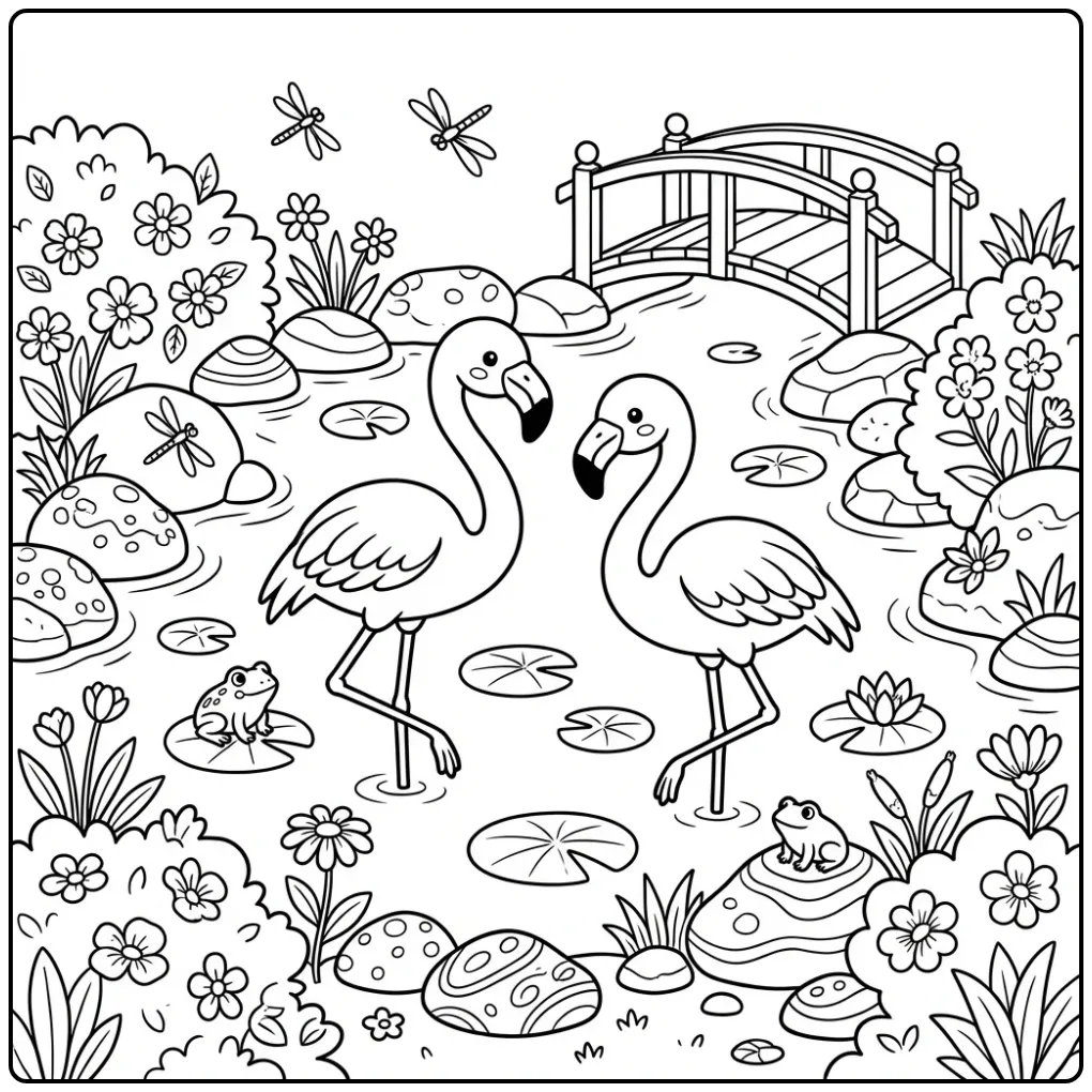 Een schattige flamingo kleurplaat met twee vogels in een vijver.